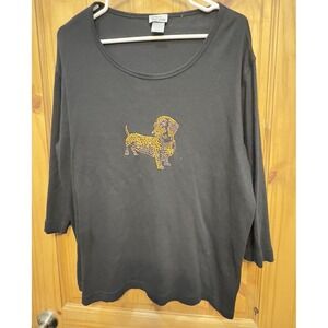 Isaac's Designs Black Shirt 1XL Rhinestone Dachshund Dog‎ Bling Tee 3/4 Sleeve